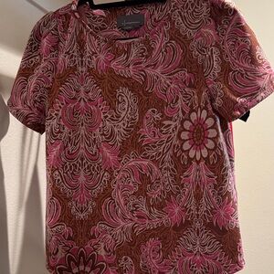 Anthropologie Pink and Brown Patterned Short Sleeve Top